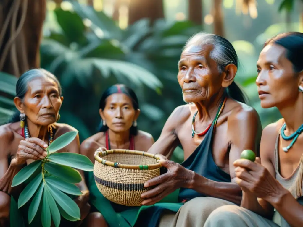 Retrato detallado de ancianos indígenas con suplementos naturales en la selva