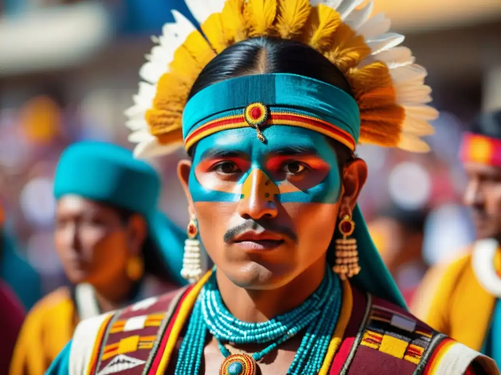 Un retrato detallado de un bailarín Quechua durante la Ceremonia Inti Raymi, con trajes coloridos y patrones intrincados