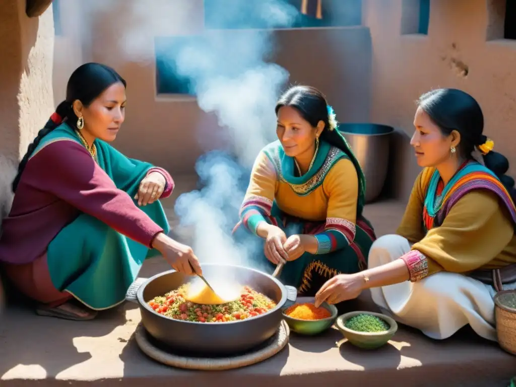 Un retrato detallado de una cocina andina tradicional con mujeres indígenas cocinando un delicioso guiso de quinua