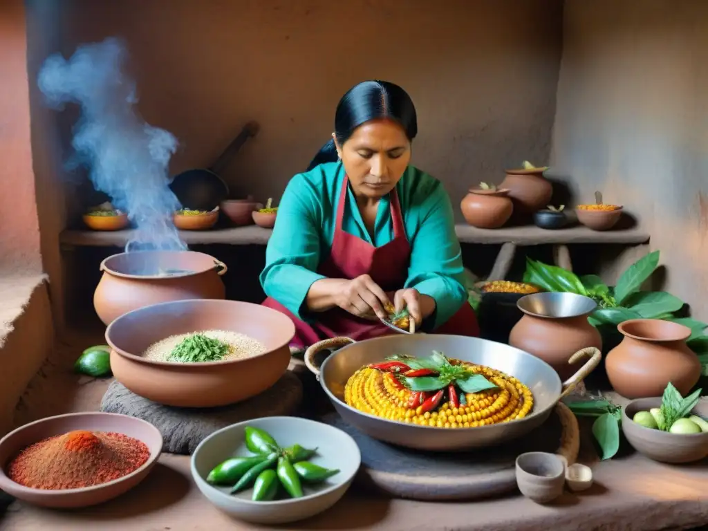 Un retrato detallado de una cocina indígena tradicional llena de ingredientes vibrantes y mujeres cocinando