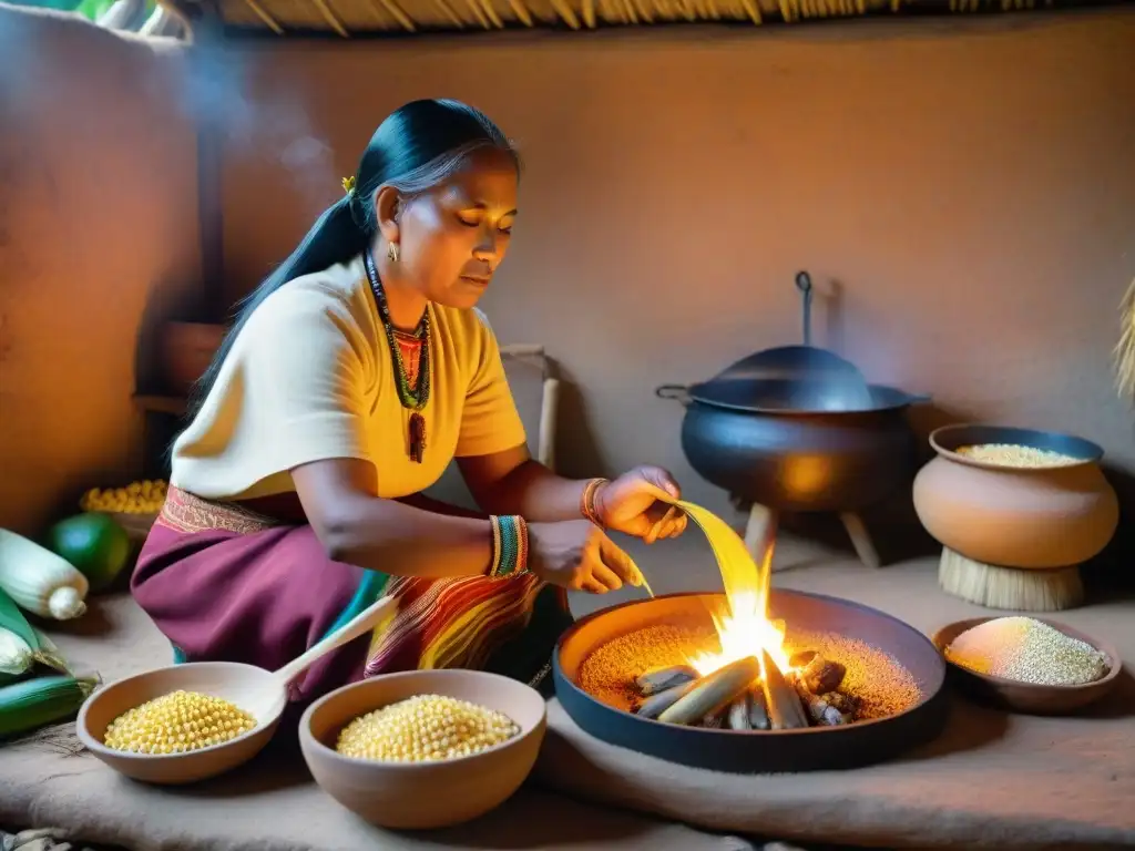 Un retrato detallado de una cocina indígena tradicional iluminada por el fuego