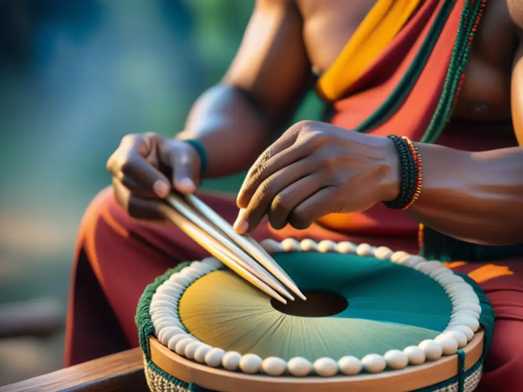 Un retrato detallado de expertas manos indígenas creando instrumentos tradicionales en danzas indígenas, con materiales y símbolos culturales