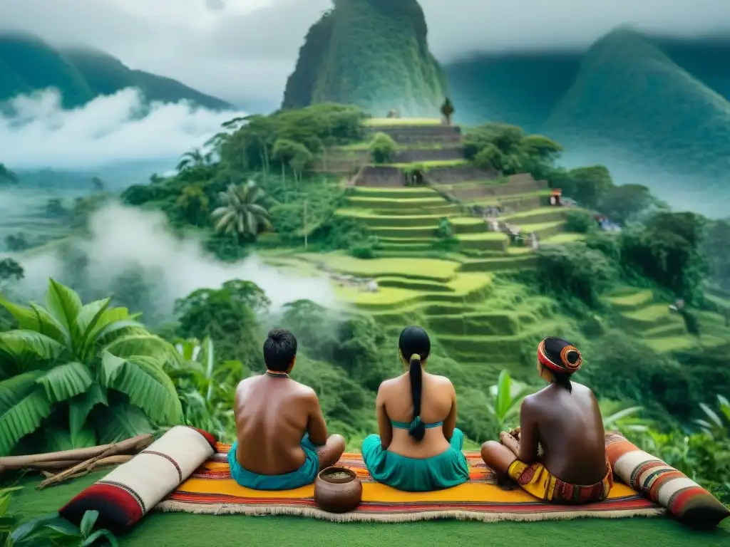 Un retrato detallado de miembros de una comunidad indígena practicando tradiciones culturales, rodeados de exuberante vegetación y textiles vibrantes