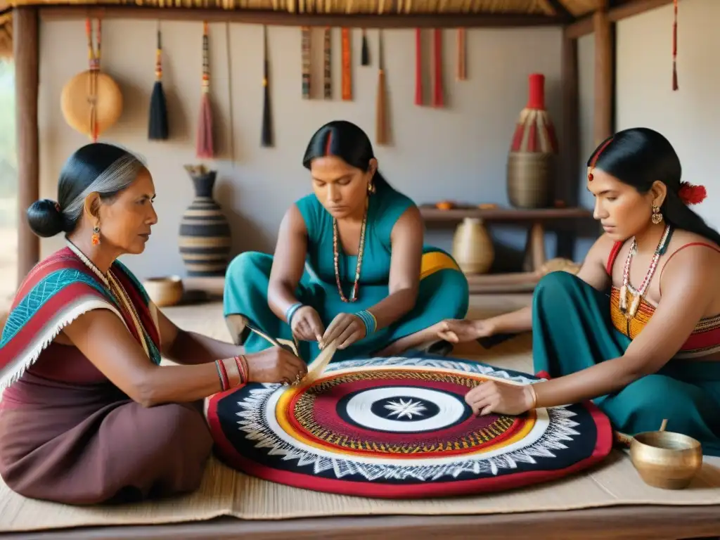 Un retrato detallado de mujeres indígenas tejiendo patrones tradicionales, preservación técnicas tejido culturas indígenas