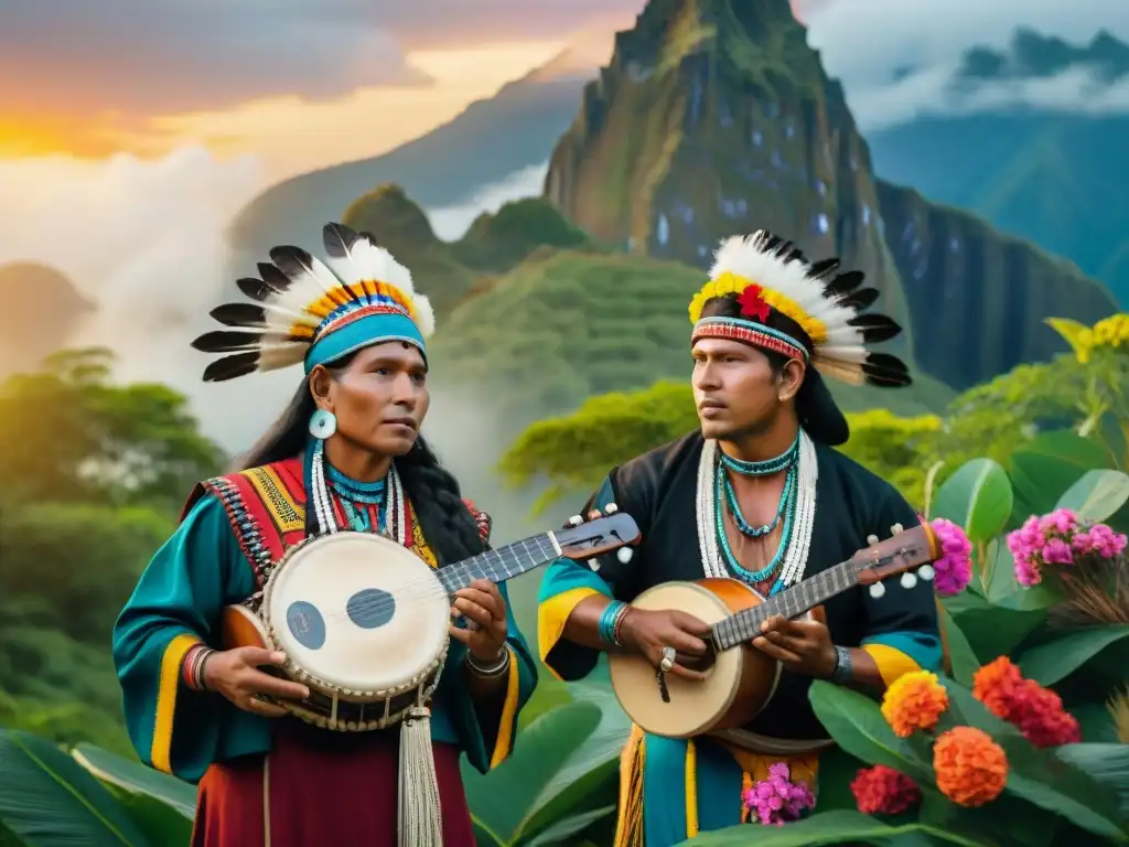 Retrato detallado de músicos indígenas de diversas tribus de las Américas, tocando instrumentos tradicionales bajo un atardecer vibrante