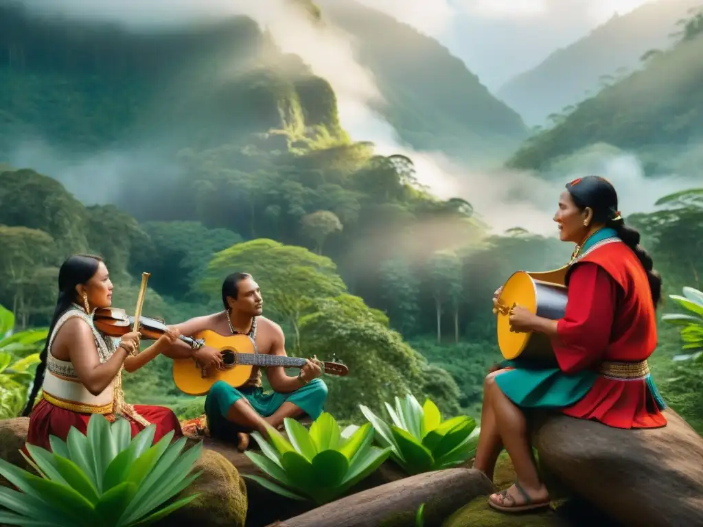 Un retrato detallado de músicos indígenas tocando instrumentos tradicionales en la selva