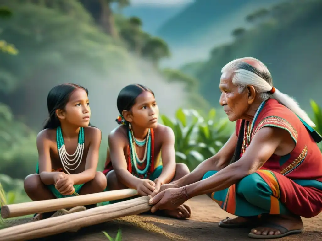 Un retrato detallado de niños indígenas participando en actividades culturales tradicionales junto a ancianos