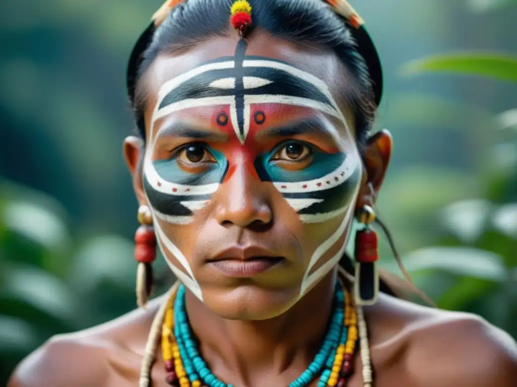 Retrato étnico detallado de persona indígena con marcas tribales y joyería, reflejando dignidad y sabiduría en la selva