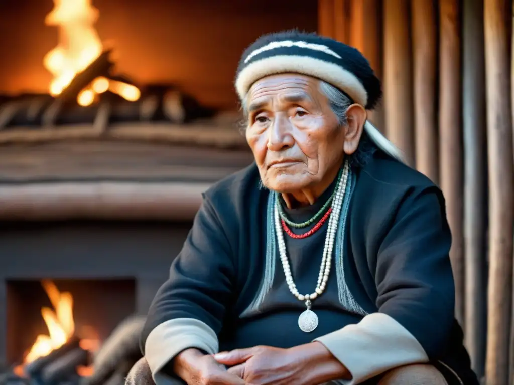 Retrato impactante de un anciano Mapuche frente al fuego en una ruka, transmitiendo resistencia y sabiduría ancestrales