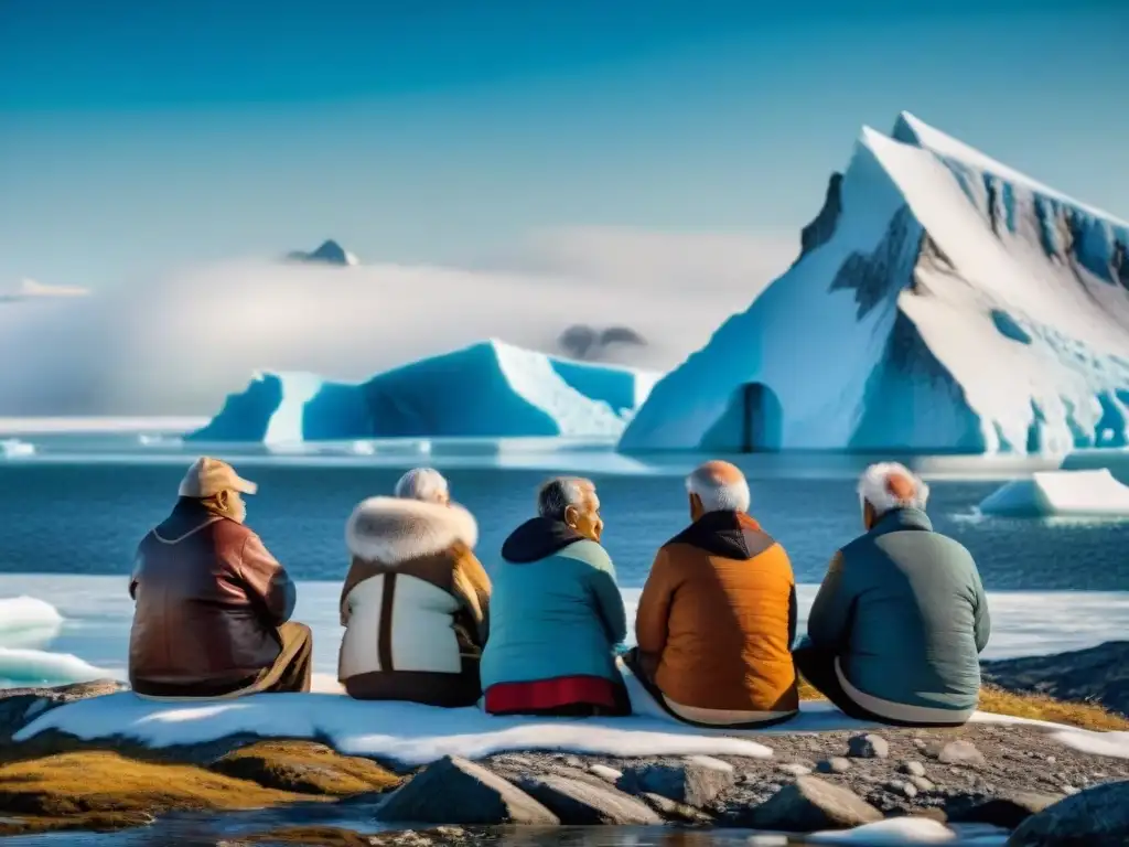 Retrato impactante del cambio climático en Inuit: ancianos en vestimenta tradicional reflexionan frente al mar turbulento y hielo derretido