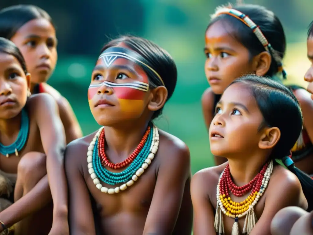 Un retrato vibrante de niños indígenas de distintas tribus jugando juegos tradicionales, resaltando el aprendizaje cultural