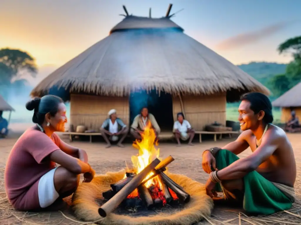 Comunidad Guarani reunida alrededor del fuego en aldea tradicional, con niños jugando