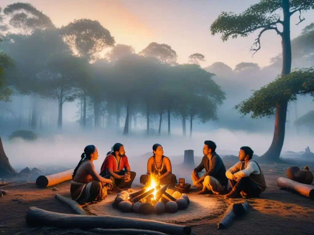 Reunión ancestral al amanecer en el bosque neblinoso