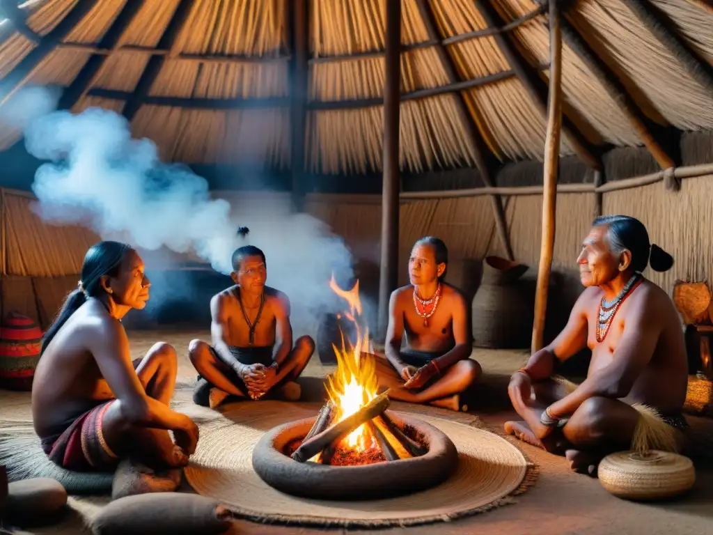 Reunión ancestral alrededor del fuego en una choza tradicional, pasando sabiduría a niños indígenas