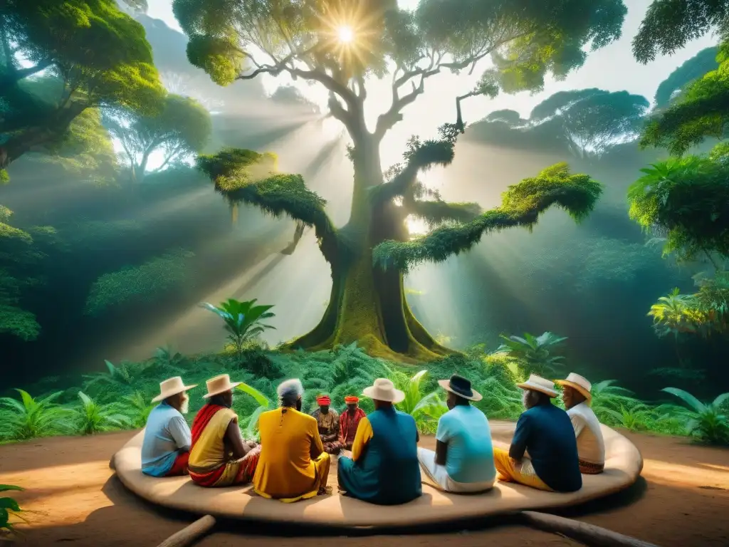 Consejo de sabios indígenas en la selva: conexión espiritual Reunión de ancianos indígenas bajo un árbol ancestral en la selva