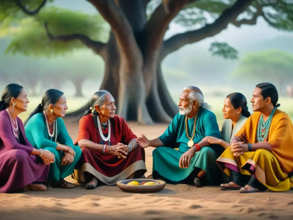 Reunión de ancianos indígenas bajo un árbol, vistiendo trajes tradicionales en animada conversación