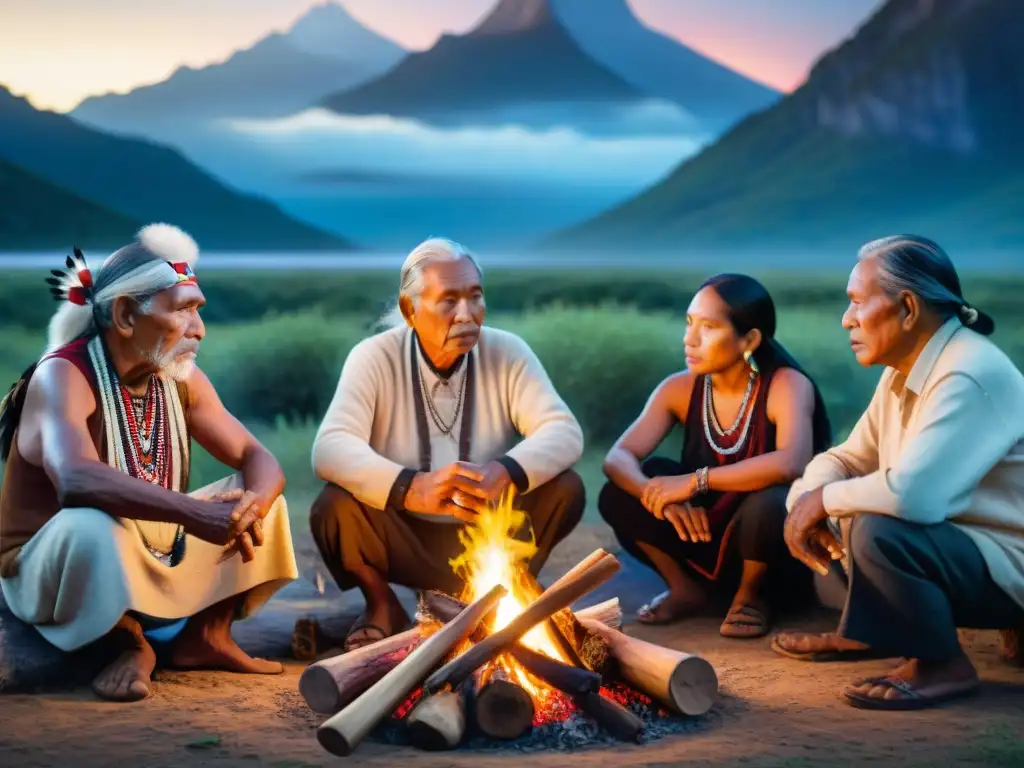 Reunión de ancianos indígenas de las Américas alrededor de una fogata, destacando sabiduría y tradición