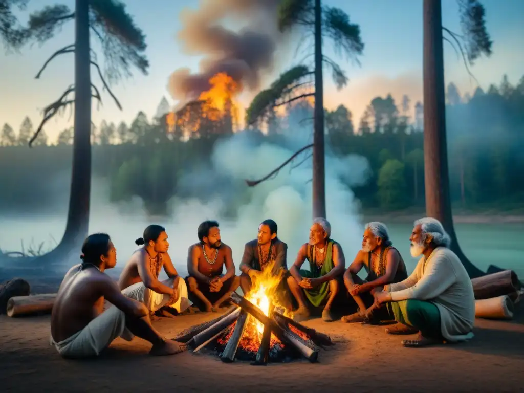 Reunión de ancianos indígenas en bosque ancestral al atardecer, reflexionando sobre cambio climático derechos humanos indígenas