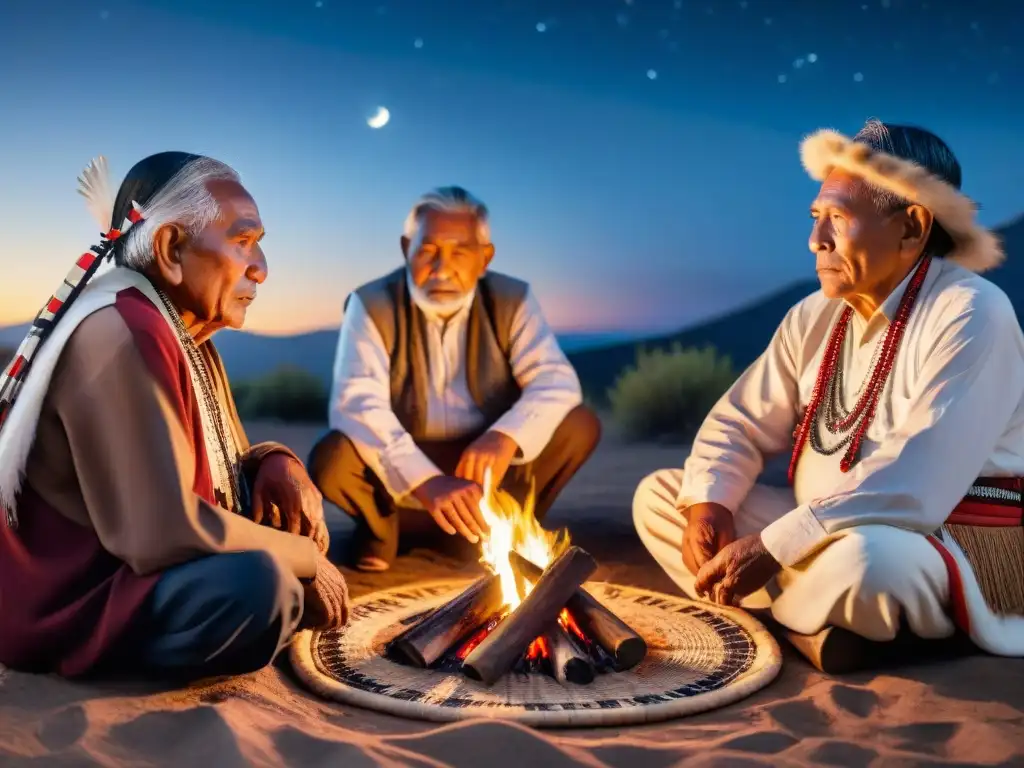 Una reunión de ancianos indígenas alrededor de una fogata bajo un cielo estrellado, compartiendo sabiduría ancestral