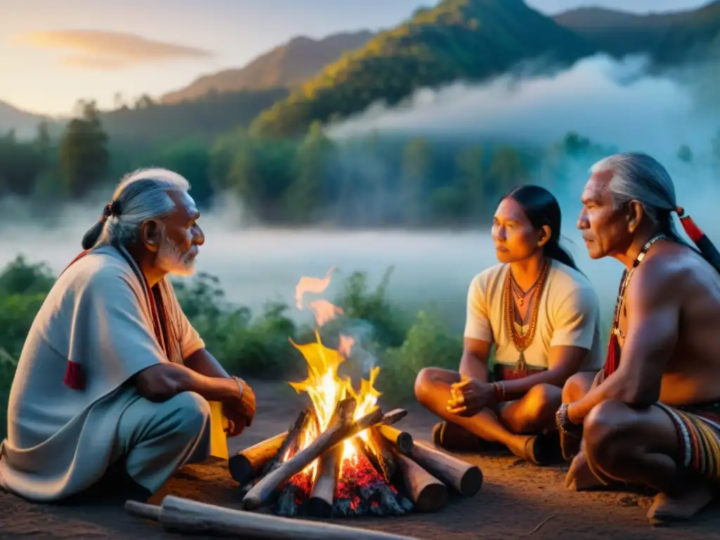 Reunión de ancianos indígenas alrededor de fogata en bosque, representando diversidad lingüística y legado