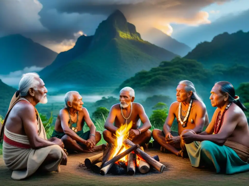 Consejo ancestral en la fogata: sabiduría indígena en peligro Reunión de ancianos indígenas alrededor del fuego, con atuendos tradicionales y rostros iluminados, en medio de la naturaleza y la tormenta