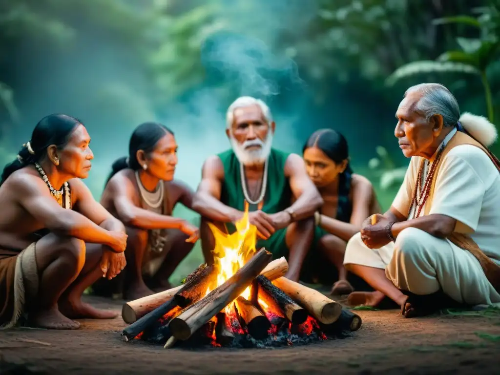 Reunión de ancianos indígenas alrededor del fuego, envueltos en naturaleza y artefactos tradicionales, discutiendo sabiamente