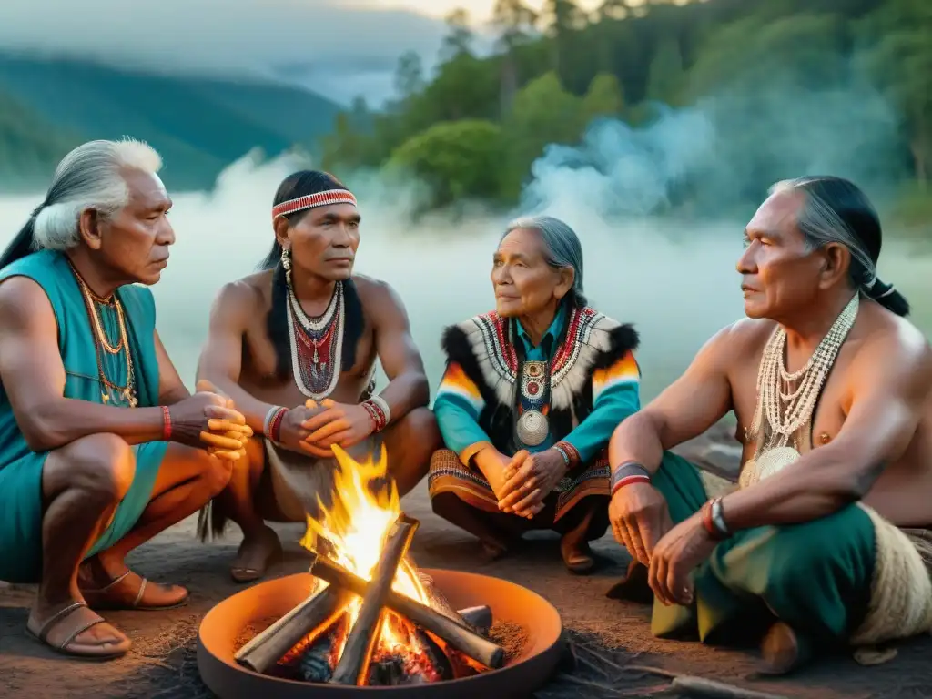 Reunión de ancianos indígenas alrededor del fuego, compartiendo historias en lenguas nativas