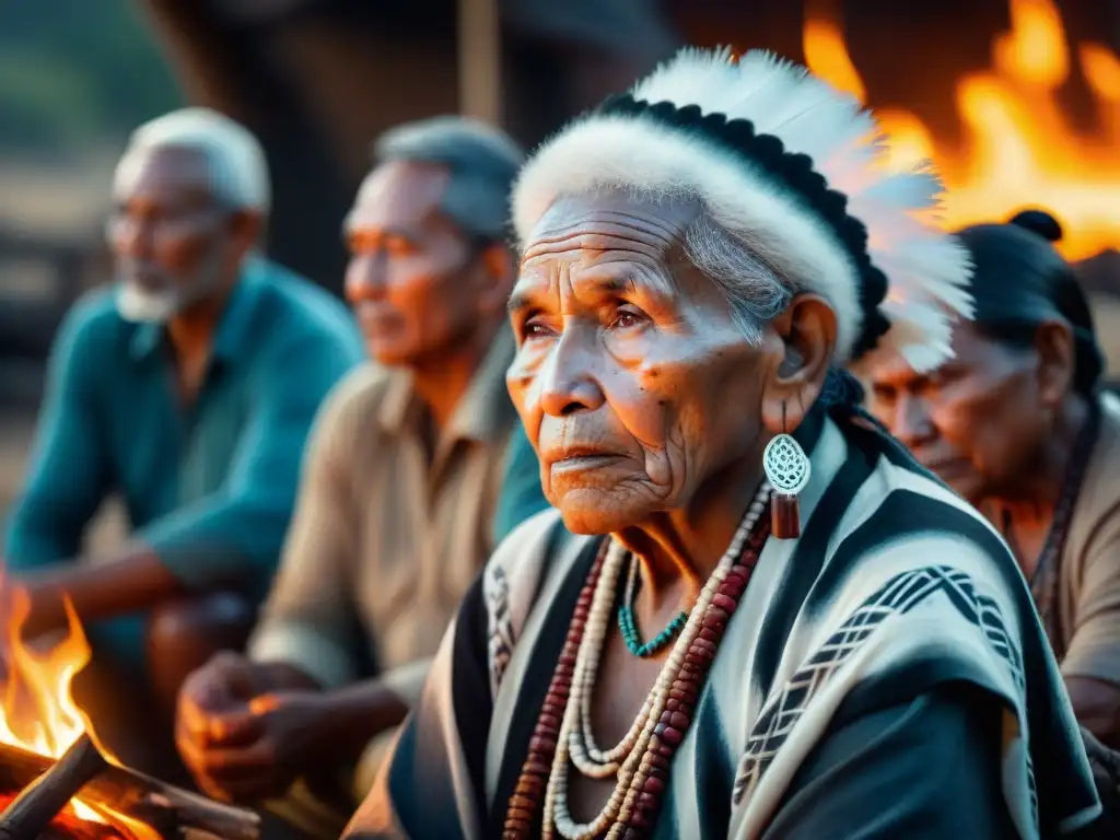 Reunión de ancianos indígenas alrededor del fuego, contando historias en un espacio decorado con arte y artefactos indígenas