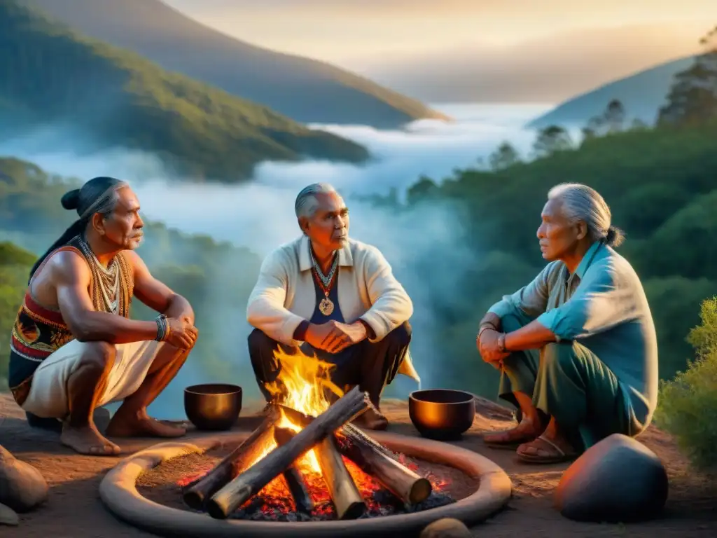 Reunión de ancianos indígenas alrededor de un fuego sagrado en el bosque, reflejando sabiduría y resiliencia