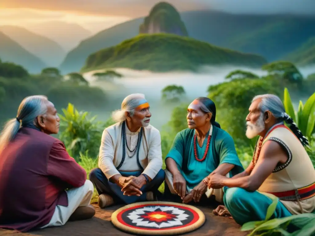 Reunión de ancianos indígenas en la naturaleza, expresando identidad cultural y bienestar psicológico