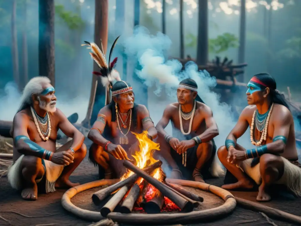 Reunión de ancianos indígenas en ritual de sanación de la tierra, rodeados de naturaleza y misticismo