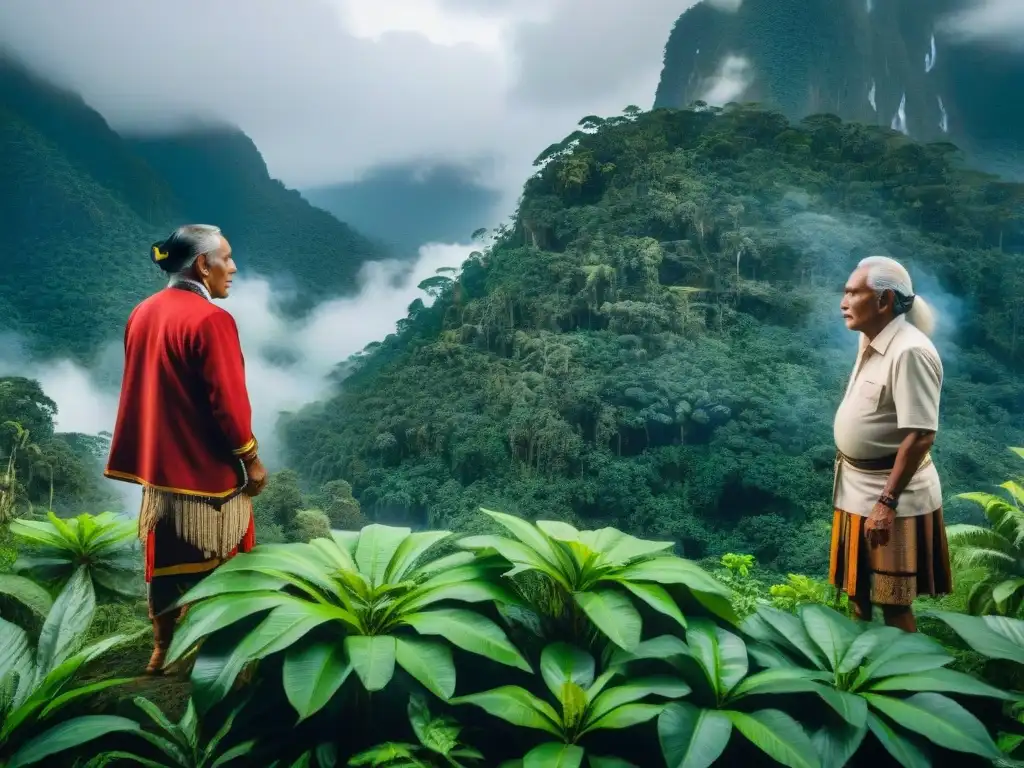 Reunión de ancianos indígenas en la selva, dialogando con conservacionistas