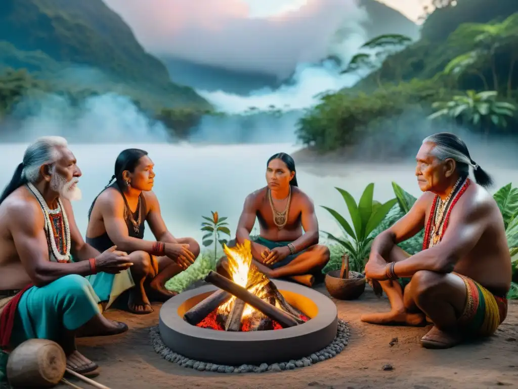 Reunión de ancianos indígenas en la selva, compartiendo sabiduría ancestral