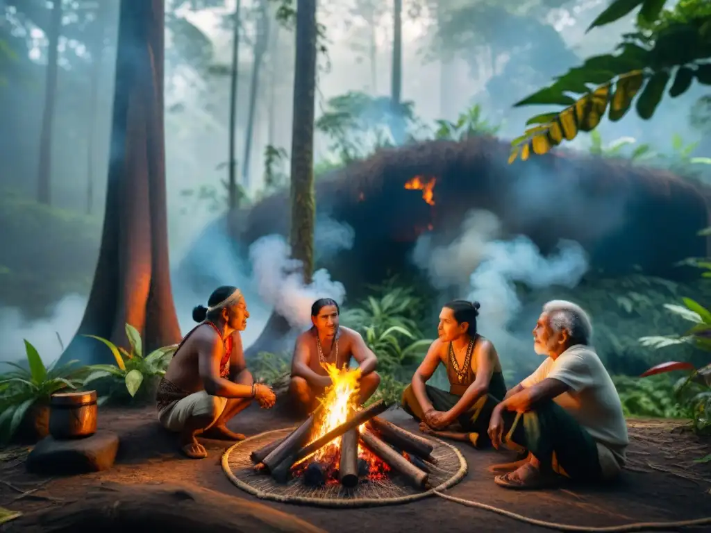 Reunión de ancianos indígenas en la selva, con vestimenta tradicional y fuego