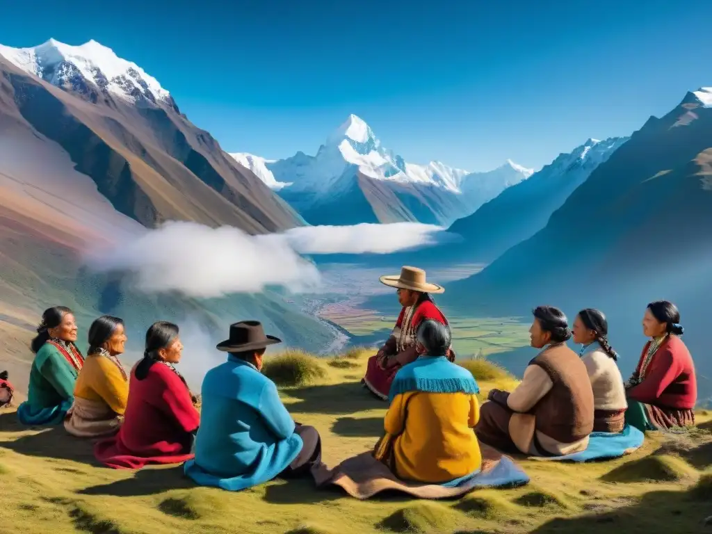 Reunión de comunidad indígena andina en círculo, vistiendo trajes coloridos, bajo cielo azul con picos nevados