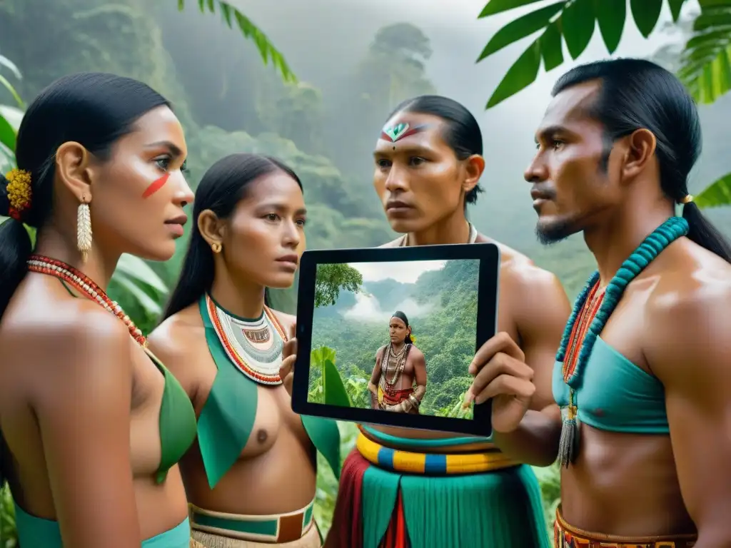 Reunión de culturas indígenas en la selva, interactuando con una revista digital