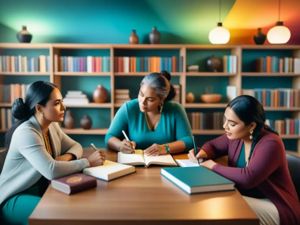 Una reunión de escritores y artistas indígenas en una sala iluminada, creando y compartiendo historias