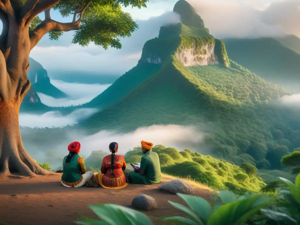 Reunión de indígenas en círculo bajo un árbol, dialogando sobre monitoreo ambiental, con expresiones de sabiduría y conexión a la naturaleza