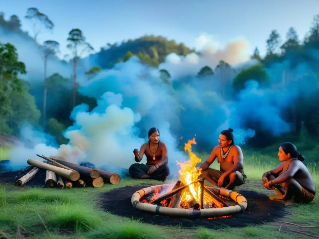 Reunión de indígenas alrededor de un fuego en la selva, transmitiendo sabiduría ancestral