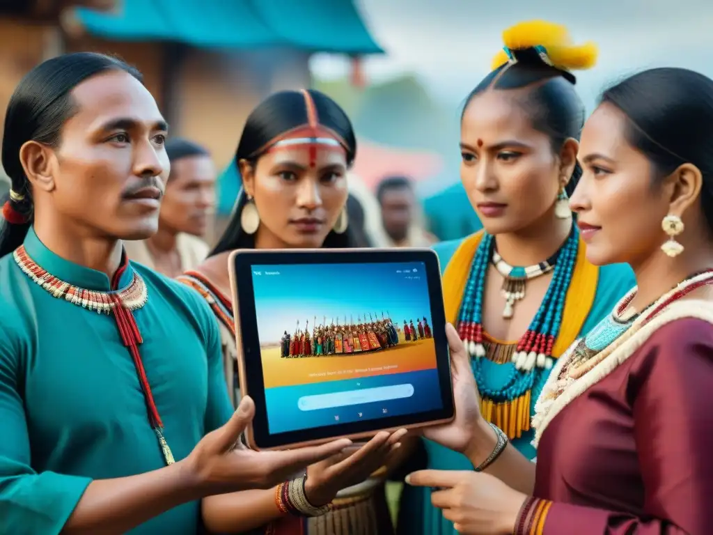 Una reunión de indígenas con tablet para revitalización lenguas indígenas en redes sociales