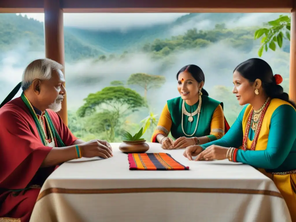 Reunión de líderes indígenas en comercio justo beneficios comunidades indígenas, ambiente cultural vibrante y colorido