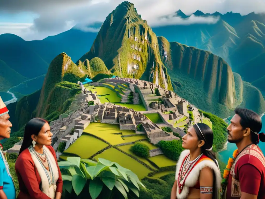 Cumbre indígena: líderes unidos por sus tierras ancestrales Reunión de líderes indígenas sudamericanos discutiendo geopolítica en un mapa decorado