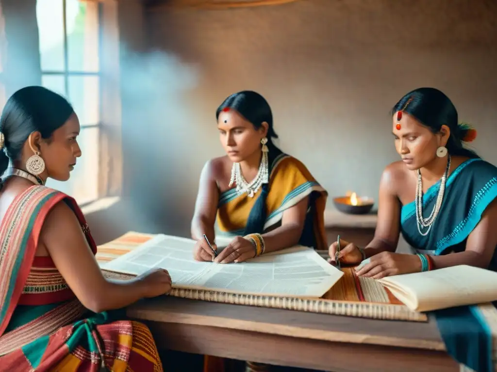 Reunión de mujeres indígenas con asesora de microfinanzas en oficina iluminada, fusionando tradición y empoderamiento