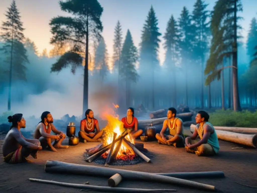 Reunión de pueblos indígenas en torno al fuego en el bosque, demostrando unidad y participación política