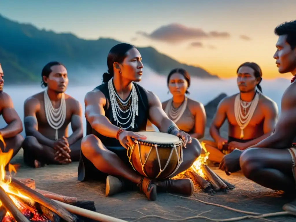 Revitalización de música ancestral en comunidad: músicos indígenas tocando alrededor de fogata al anochecer, reflejando orgullo y conexión