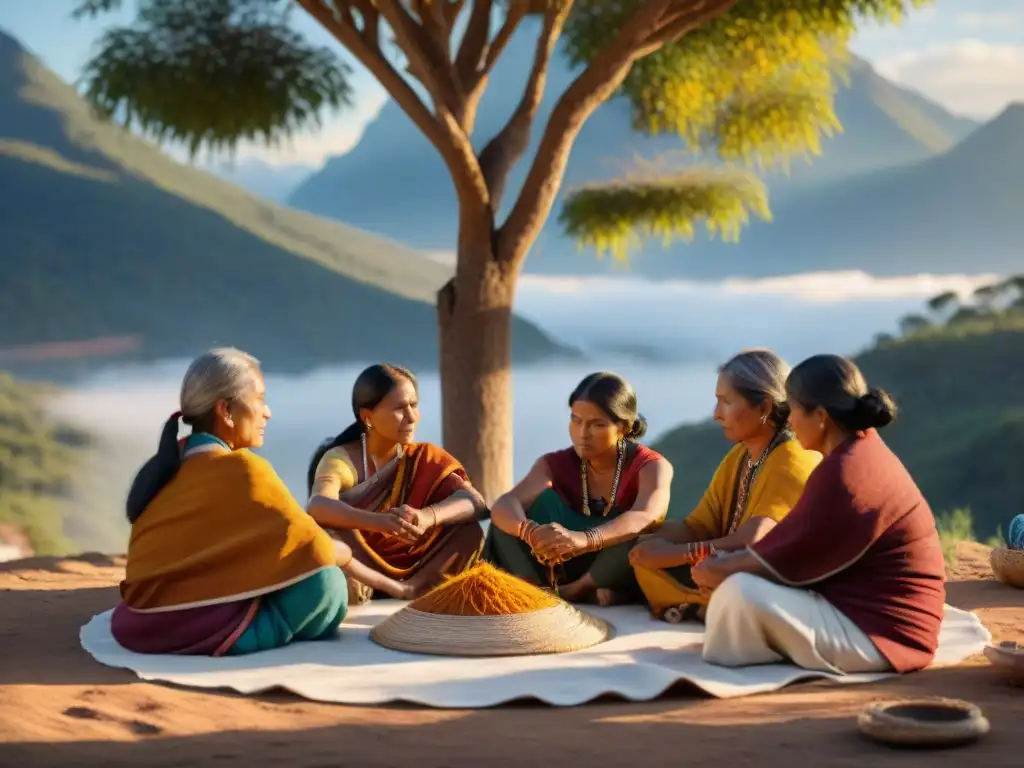 Revitalización del arte textil indígena: Artesanos tejiendo bajo un árbol, rodeados de hilos y montañas al atardecer
