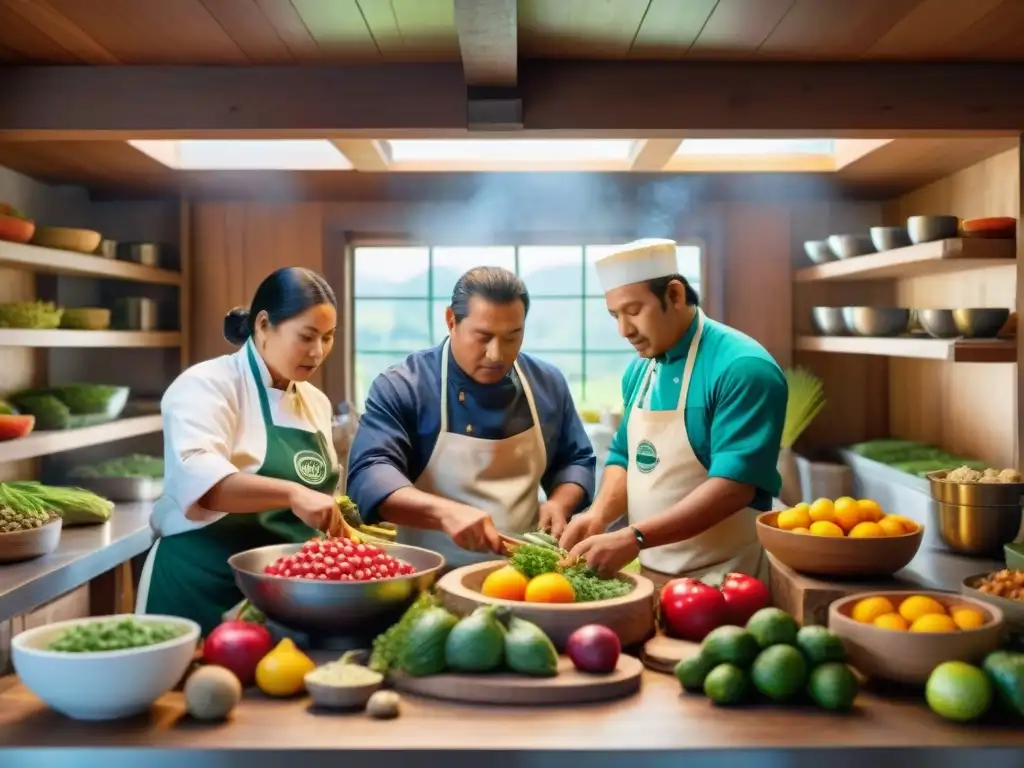 Revitalización de la cocina indígena: chefs preparan platos coloridos en cocina rústica