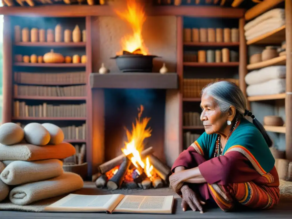 Revitalización de lenguas indígenas: Anciana comparte sabiduría y tradiciones con niños en cabaña ancestral junto al fuego