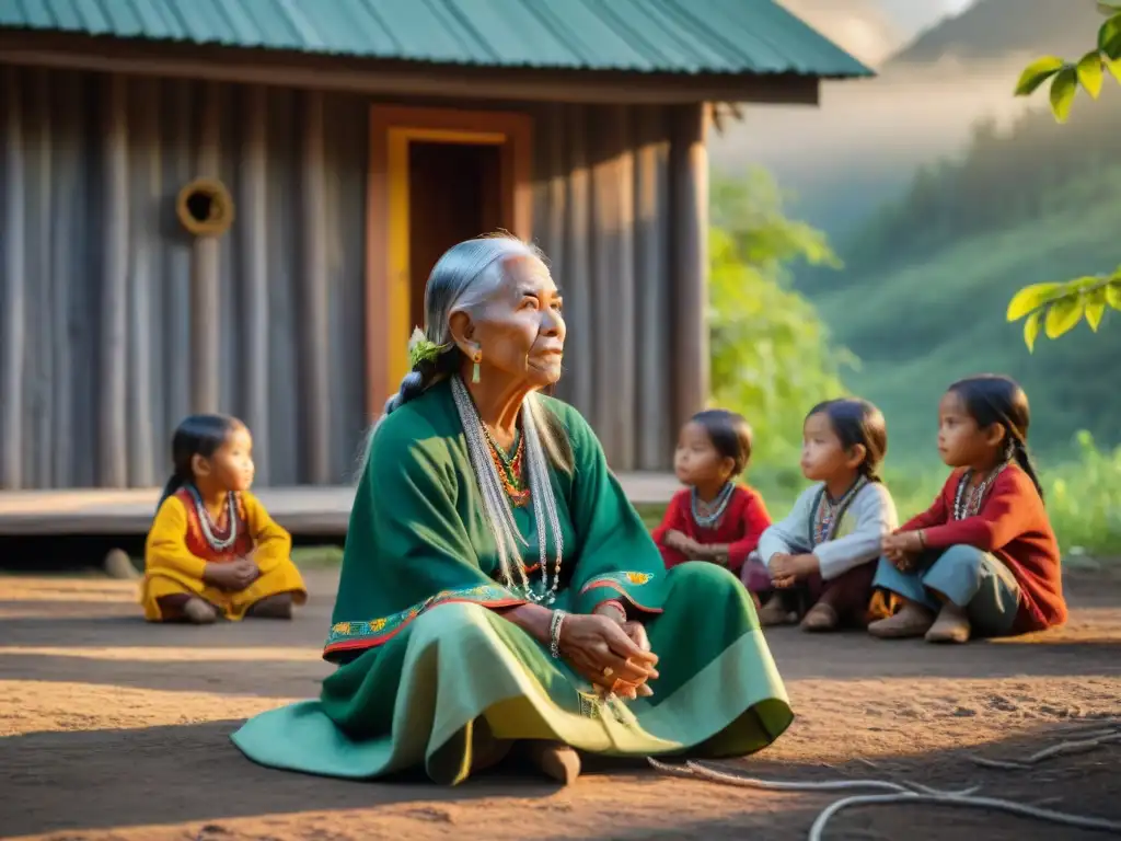 Revitalización de lenguas indígenas: Mujer mayor indígena cuenta historias a niños junto a cabaña de madera al atardecer en el bosque