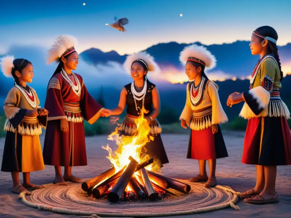 Celebrando la rica herencia cultural a través de la danza, niños indígenas danzan alrededor de una fogata en la noche estrellada